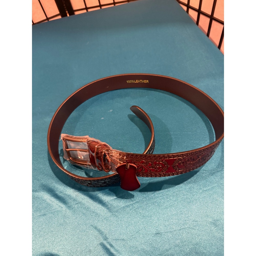 Women's Brown 100% Leather Tooled Western Boho Belt Ornate Buckle XL